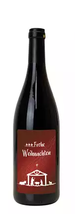 Rotwein mit Etikett "Frohe Weihnachten" (10,00 EUR/Liter)