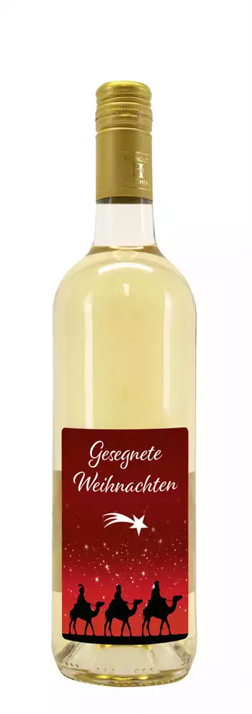 Weißwein mit Etikett "Gesegnete Weihnachten" (10,00 EUR/Liter), Gr. Burg